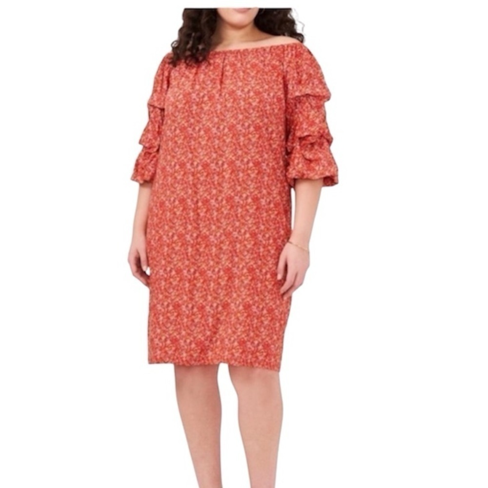 Vince Camuto Shift Dress Off Shoulder Ruffle Sleeve Orange Floral Print 3X